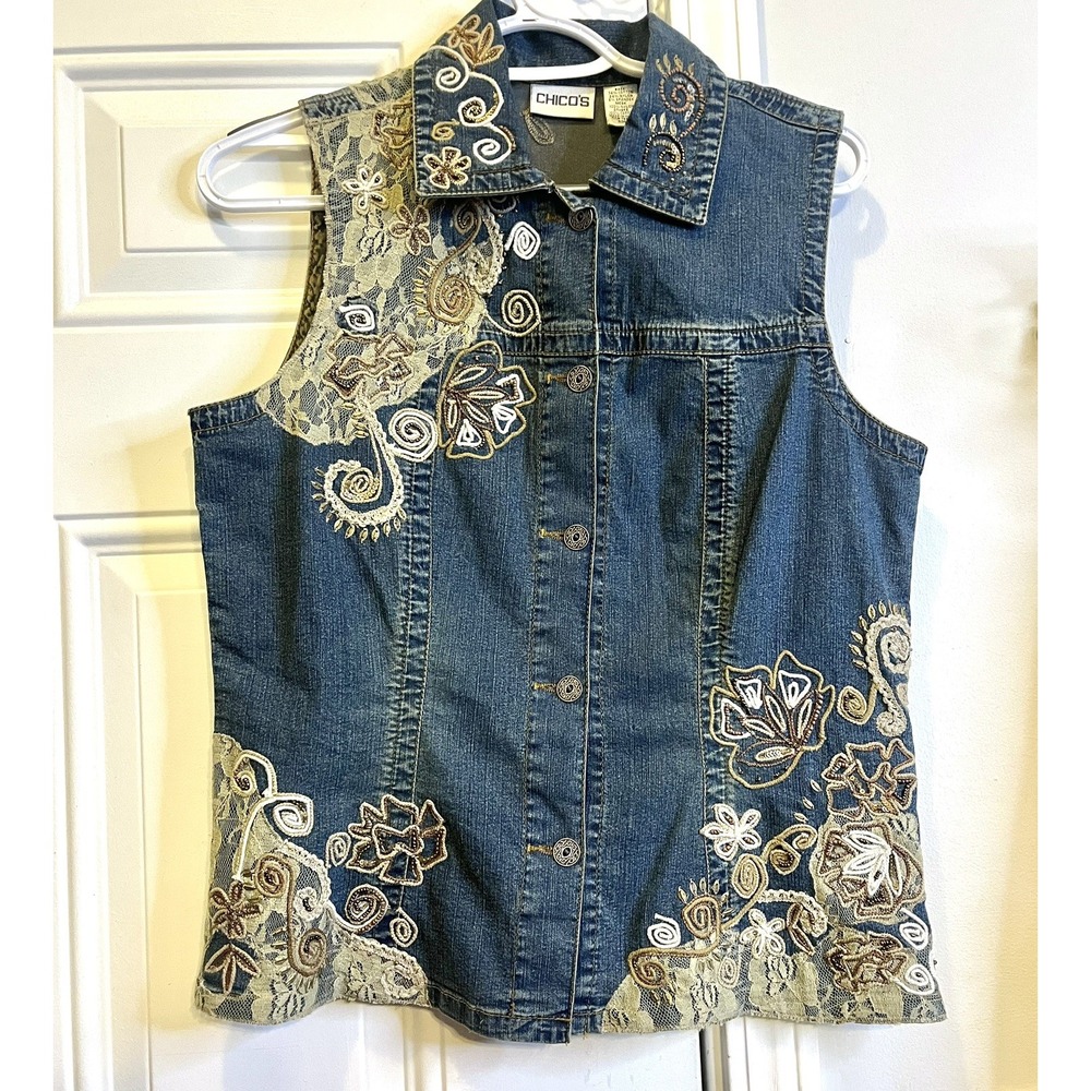 VTG Chico's Denim Vest Size 0 S M Embroidered Beaded Lace Y2K Boho Cottagecore